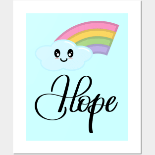 Hope with Kawaii Cute Rainbow Cloud in Blue Posters and Art